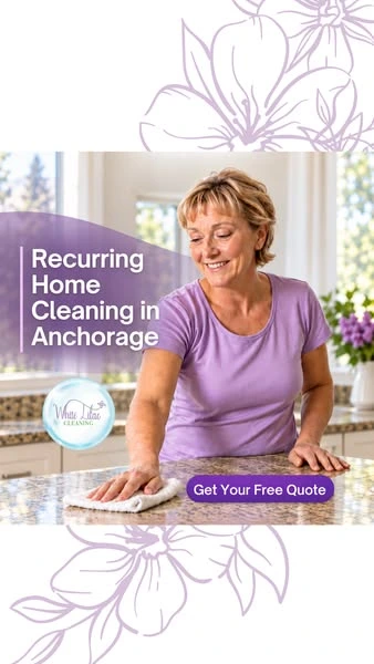 White Lilac Cleaning's active ad image: stock-style photo of a woman wiping a counter