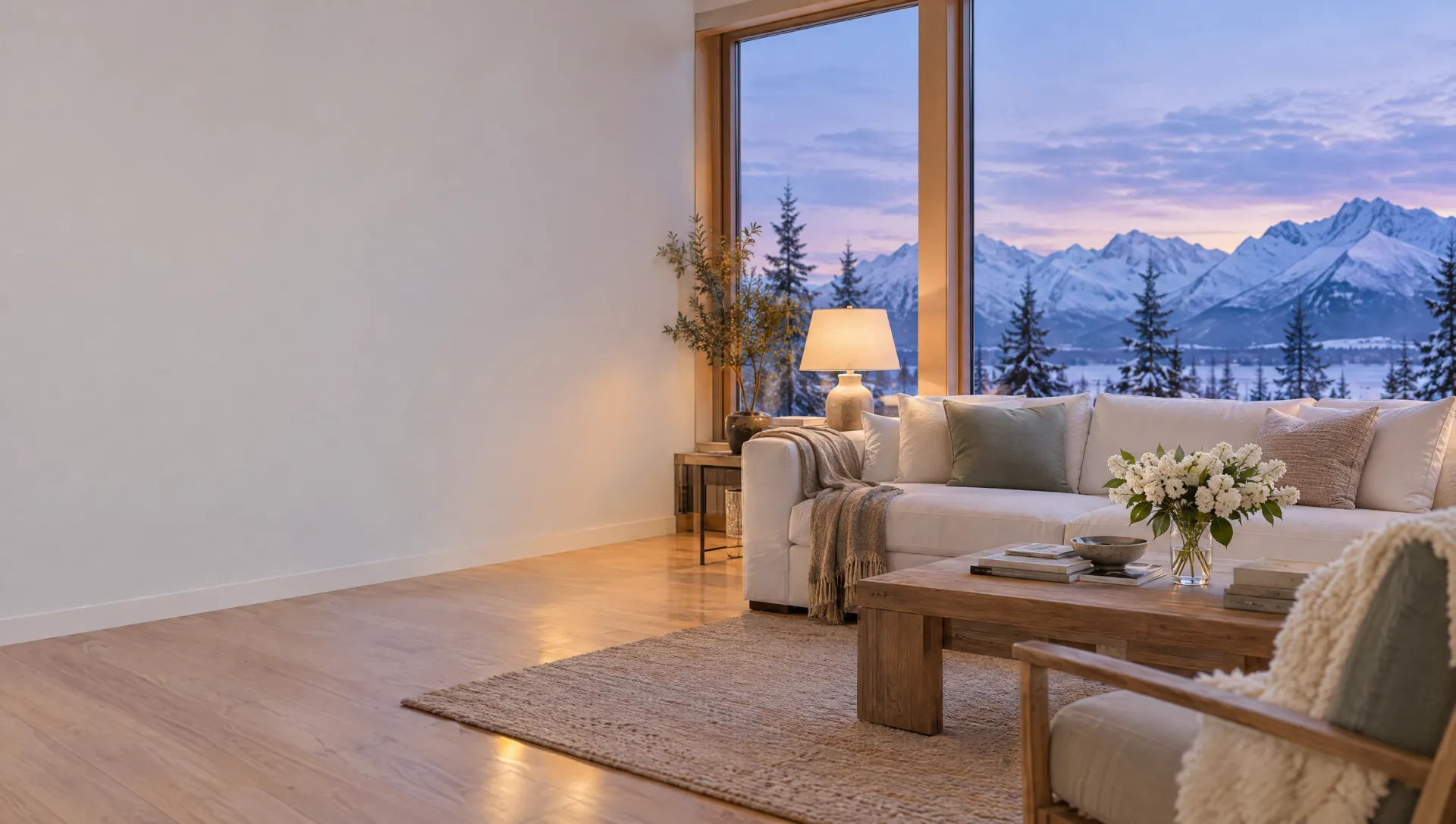 Bright, tidy living room with a view of snowy mountains
