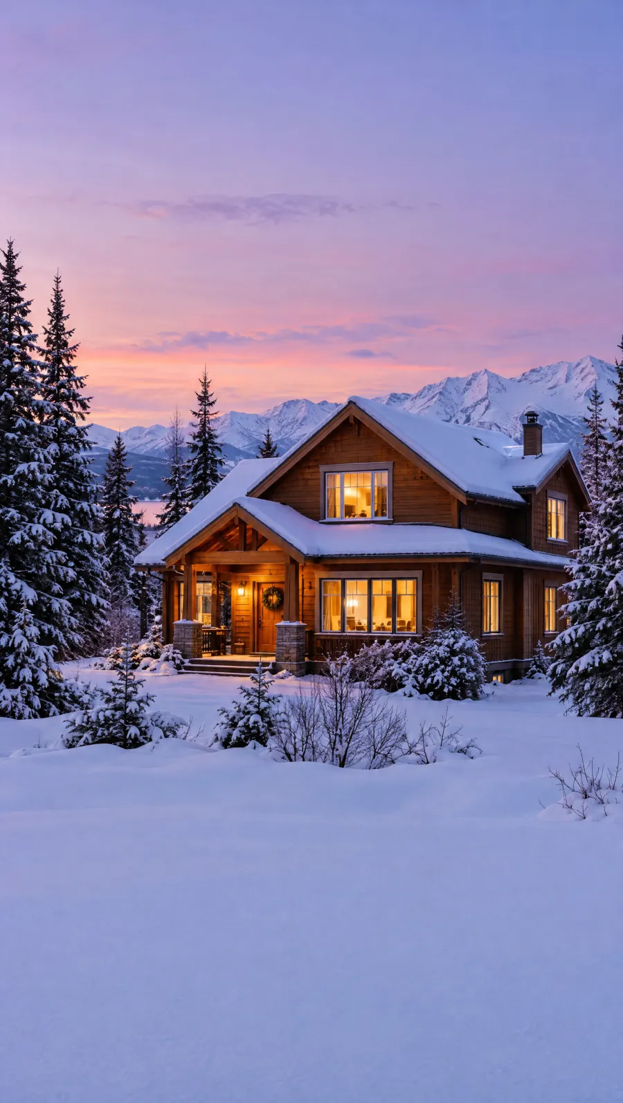 Snowy house at dusk with warm lights in the windows