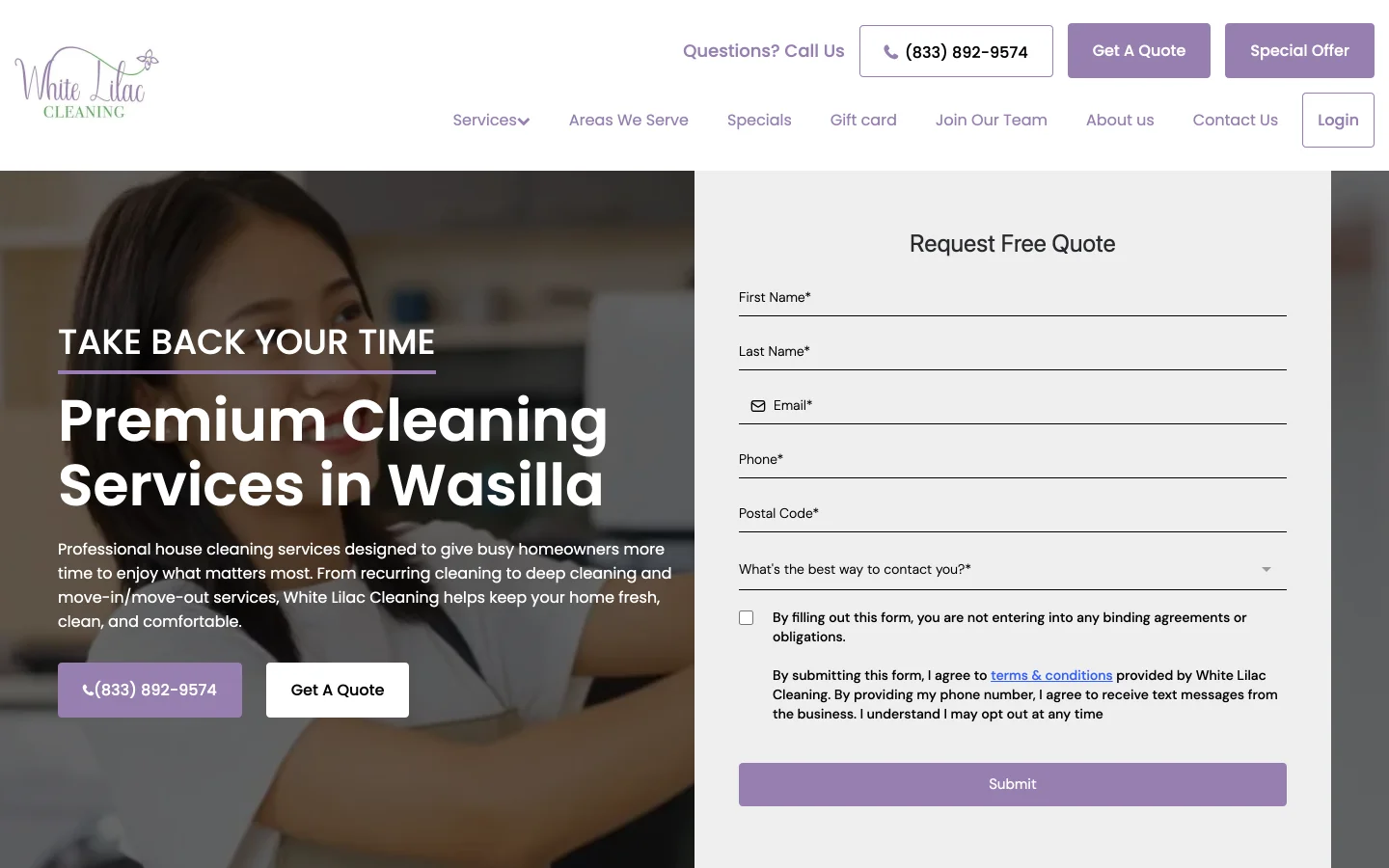 whitelilaccleaning.com home page with the Request Free Quote form