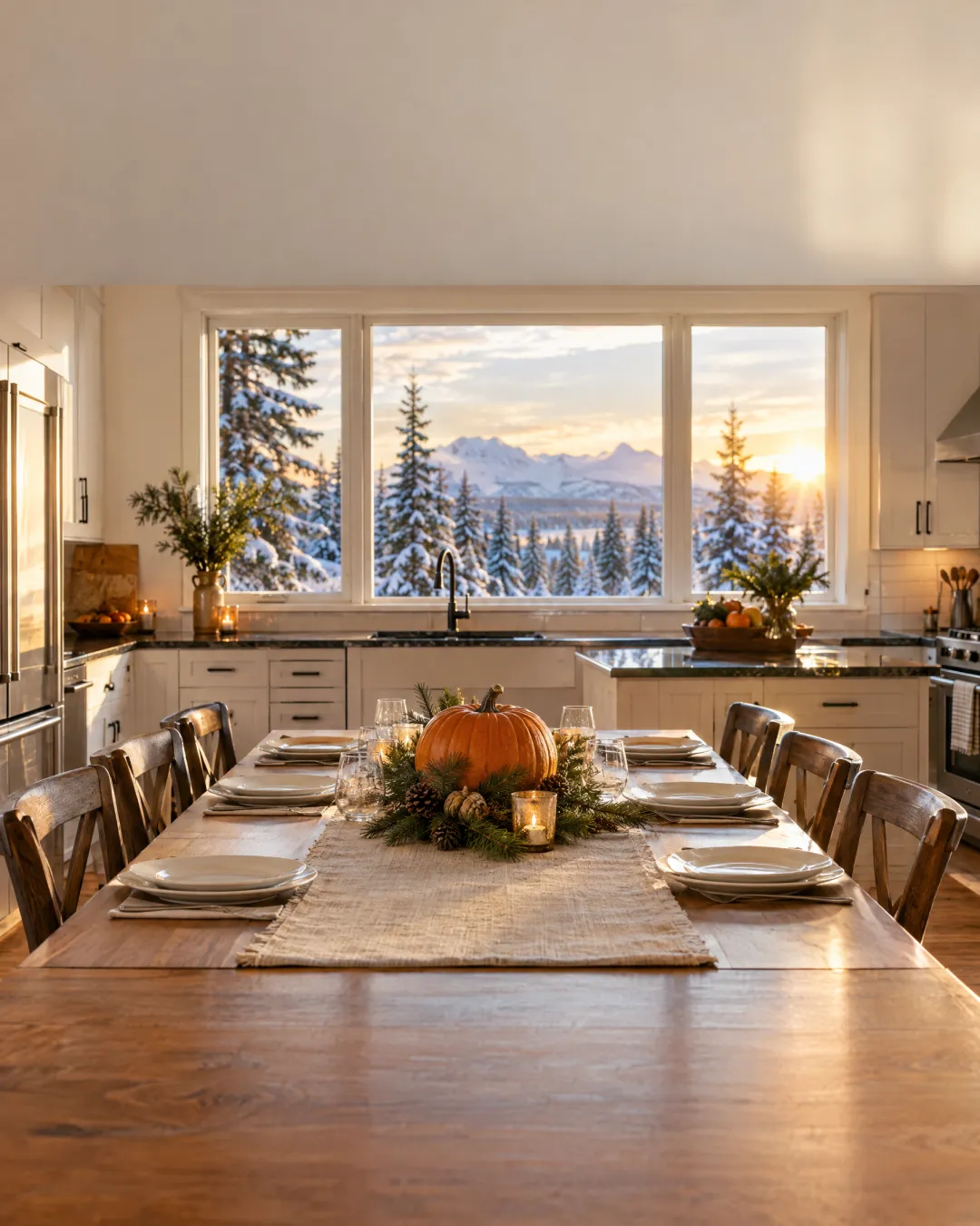 Thanksgiving table set in a clean kitchen, snowy trees outside